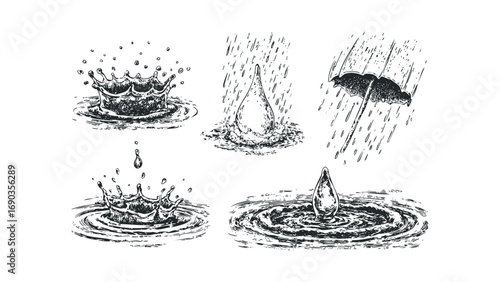 Ink sketch of water splashes and rain hitting an umbrella on a transparent background. Vector hand drawn illustration