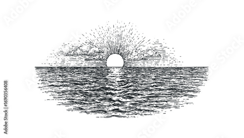 Sun setting over ocean waves with clouds. Vector hand drawn illustration
