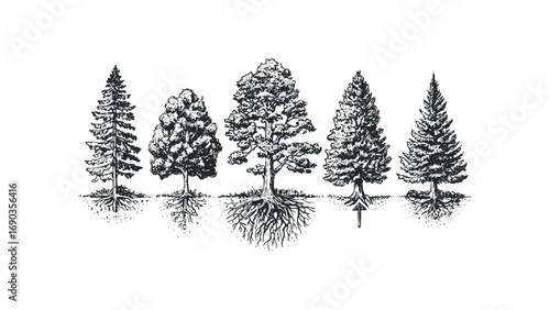 Line art collection of diverse trees with visible root systems on transparent background. Vector hand drawn illustration