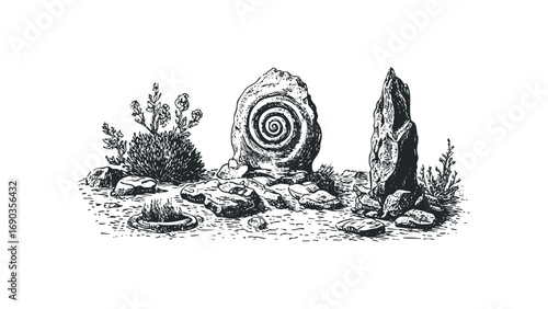 Ancient spiral stone carving on pebble ground with flora. Vector hand drawn illustration