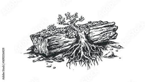 Tree with exposed roots growing from a weathered log on a rocky surface. Vector hand drawn illustration