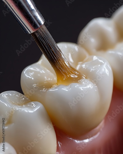 **Ultra Premium Macro Close-Up Shot Of Dentist Applying Transparent Dental Sealant Liquid On Molar Grooves Using Applicator Brush, Cinematic Clinical Lighting Highlighting Tooth Surface, Sterile Backg