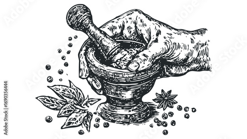 Hand grinding spices in mortar with pestle. Vector hand drawn illustration