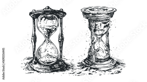 Two ornate hourglasses with sand flowing, file. Vector hand drawn illustration