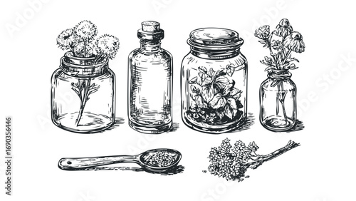 Hand drawn herbal ingredients in glass jars and spoon. Vector hand drawn illustration