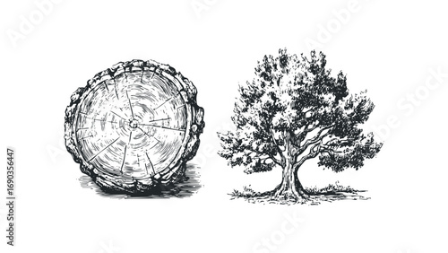 Ink drawing of a tree cross section and a full tree. Vector hand drawn illustration