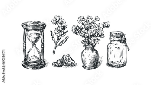Still life composition with hourglass, wildflowers in vase, and glass jar on transparent background. Vector hand drawn illustration