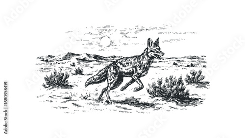 Running Coyote in Arid Landscape, Vintage Line Art. Vector hand drawn illustration
