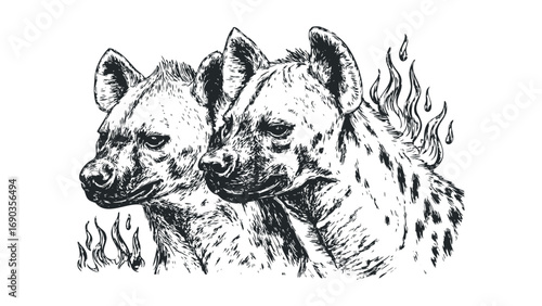 Two hyenas with flames in a sketch style. Vector hand drawn illustration