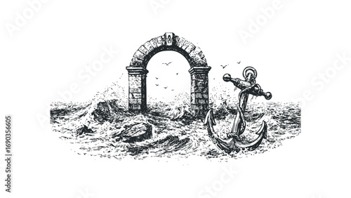 Stone archway amidst choppy sea waves with an anchor and birds. Vector hand drawn illustration
