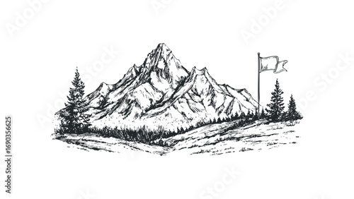 Mountain peak with pine trees and a waving flag on transparent background. Vector hand drawn illustration