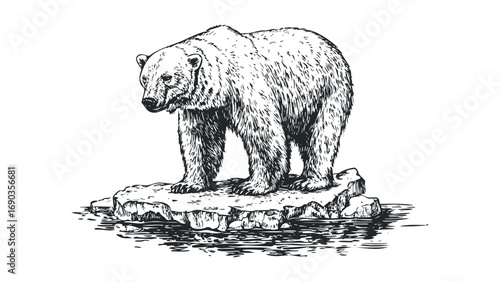 Polar bear standing on ice floe, black and white drawing on transparent background. Vector hand drawn illustration