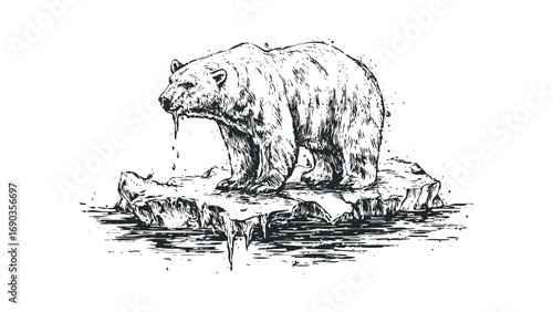 Polar Bear Standing on Melting Iceberg Drawing. Vector hand drawn illustration