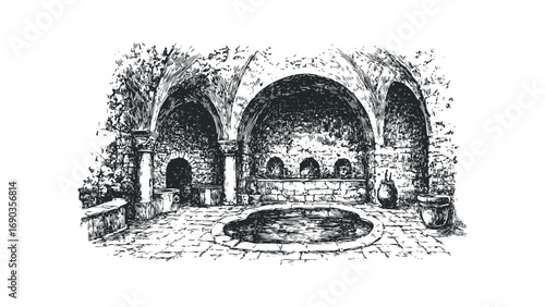 Ancient stone bathhouse interior with arched ceilings and water feature. Vector hand drawn illustration