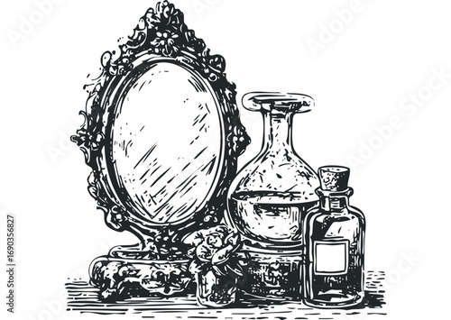 Ornate vanity mirror and perfume bottles file. Vector hand drawn illustration