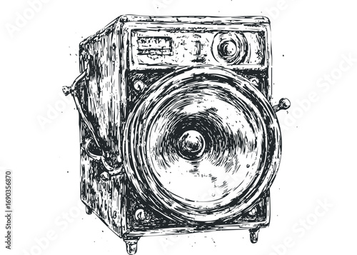 Textured ink drawing of vintage speaker on transparent. Vector hand drawn illustration