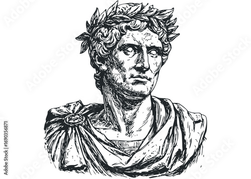 Bust statue of a man with laurel wreath, ancient Roman leader, sketch on transparent background. Vector hand drawn illustration