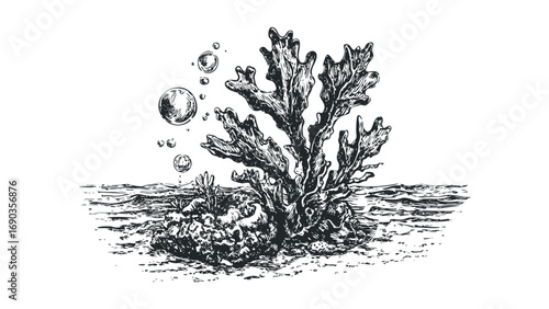 Sketch of a Coral Reef with Bubbles Rising. Vector hand drawn illustration