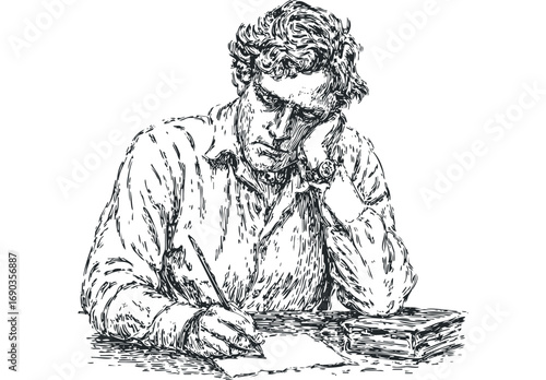 Man engrossed in writing with quill pen at table with book on transparent background. Vector hand drawn illustration