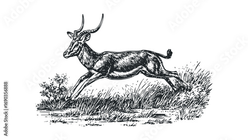 Antelope leaping over grass image. Vector hand drawn illustration