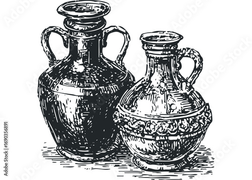 Vintage ceramic amphorae pair in black and white line art. Vector hand drawn illustration