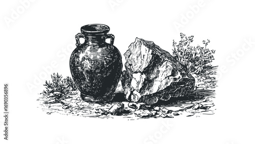 Line drawing of ancient amphora and weathered rock on arid ground. Vector hand drawn illustration