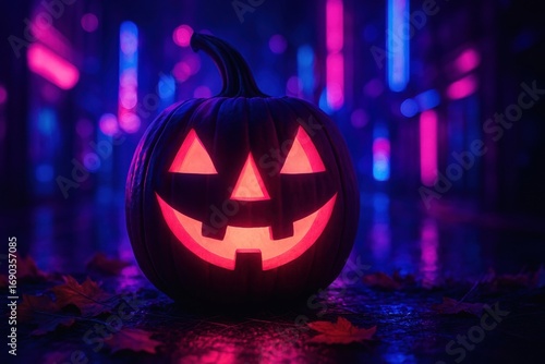 Wallpaper Mural A glowing jack-o'-lantern in vibrant neon colors, set against a rainy street at night. Perfect for Halloween-themed designs and seasonal marketing. Torontodigital.ca