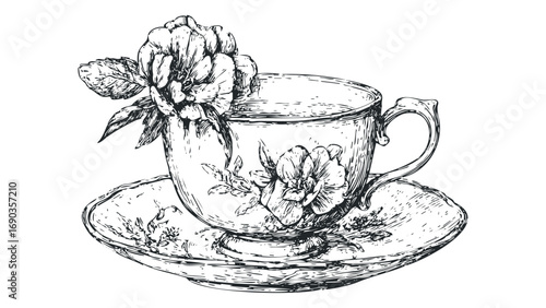 Sketch of a teacup and saucer with floral decoration on transparent background. Vector hand drawn illustration