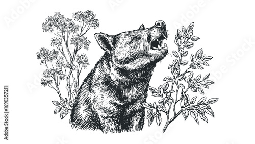 Line art depiction of a roaring bear head surrounded by foliage on a transparent background. Vector hand drawn illustration