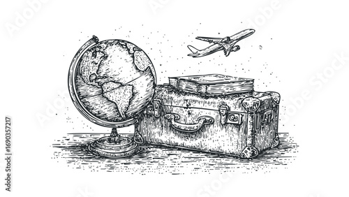 Vintage suitcase with globe and airplane file on transparent background. Vector hand drawn illustration