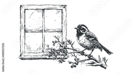Pencil sketch of a small bird perched on a bare branch near a frosty window. Vector hand drawn illustration