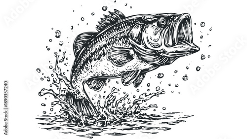 Large mouth bass leaping from water with splash and bubbles. Vector hand drawn illustration