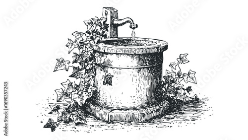Vintage stone fountain with flowing water and ivy on transparent background. Vector hand drawn illustration