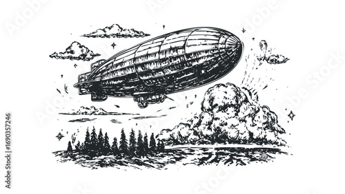 Zeppelin flying over a forest and clouds image. Vector hand drawn illustration