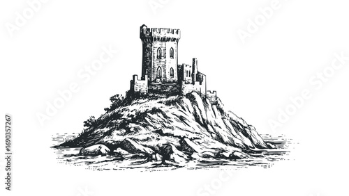 Medieval stone tower on a rocky island in the sea. Vector hand drawn illustration