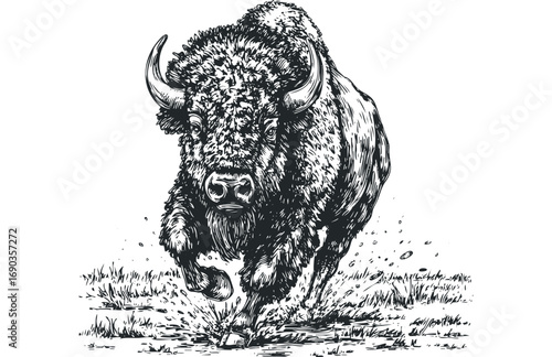American bison charging through grass on transparent background. Vector hand drawn illustration