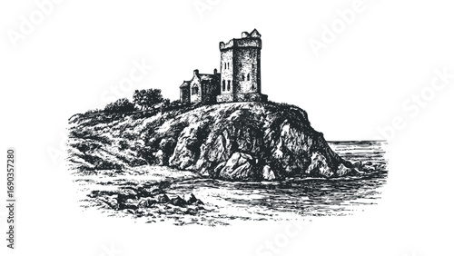 Ink sketch of a stone tower on a rocky coastal cliff overlooking the sea. Vector hand drawn illustration