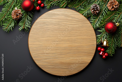 Blank wooden round sign jingle bell red ornament pine branch pine cone holly berry festive decor Christmas wreath rustic wood black background