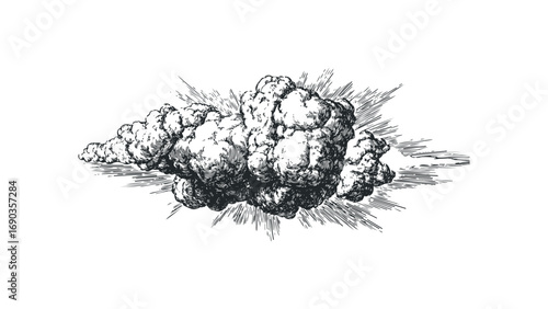 Explosion cloud sketch with emanating lines. Vector hand drawn illustration
