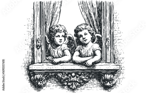 Two cherubs with wings look out from behind curtains at a window. Vector hand drawn illustration