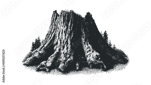 Textured tree stump with surrounding evergreen saplings. Vector hand drawn illustration