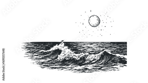 Ocean wave and moon with stars image on transparent background. Vector hand drawn illustration