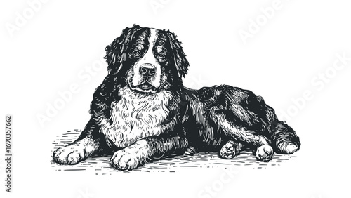 Bernese Mountain Dog lying on white transparent background, sketch style. Vector hand drawn illustration