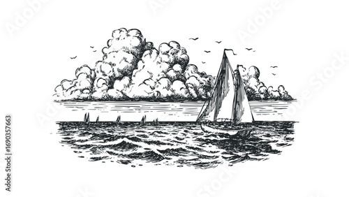 Sailboat on wavy sea under dramatic clouds and flying birds, ink drawing. Vector hand drawn illustration