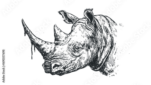 Hand drawn rhino head portrait on transparent background. Vector hand drawn illustration