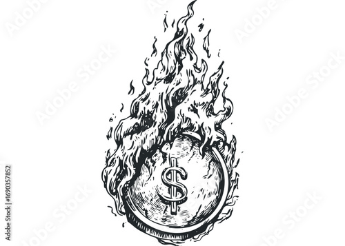 Dollar coin engulfed in flames, ink sketch. Vector hand drawn illustration