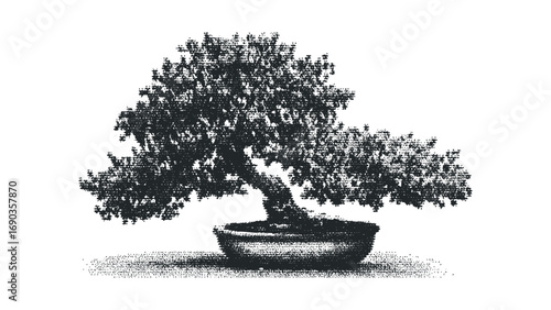 Dotted Halftone Effect Bonsai Tree in Pot Image. Vector hand drawn illustration
