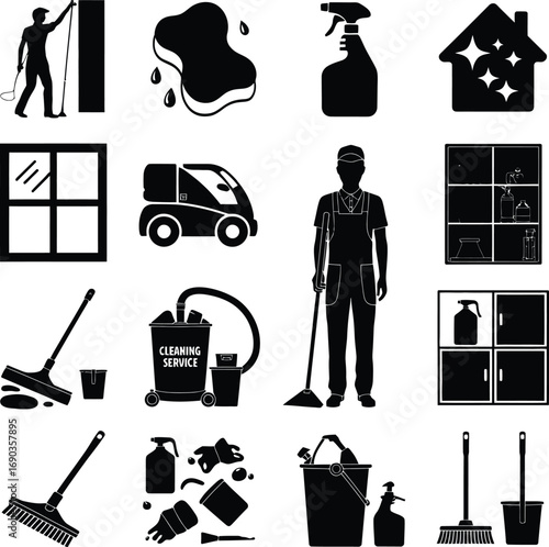 (235)Cleaning & Janitorial Icon Set – Black and White Vector Illustrations of Mops, Vacuums, Spray Bottles, Gloves, and Services