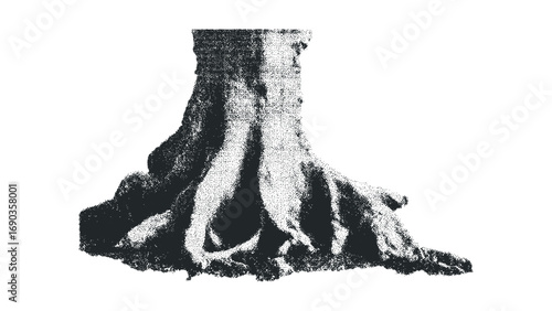 Tree trunk with visible roots and textured bark on transparent background. Vector hand drawn illustration