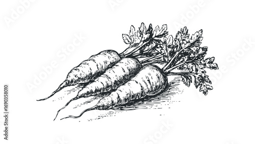 Sketch of three fresh carrots with green tops on a transparent background. Vector hand drawn illustration